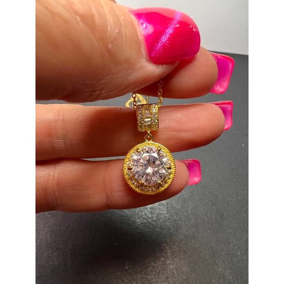 Signed FZN gold over Sterling CZ halo pendant and chain necklace - Picture 5 of 9